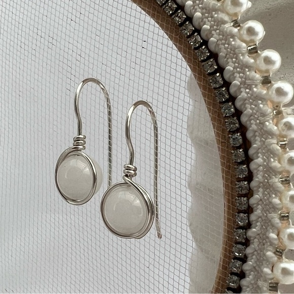 Artisan White Jade and Silver Wire Wrapped Earrings - Picture 4 of 12